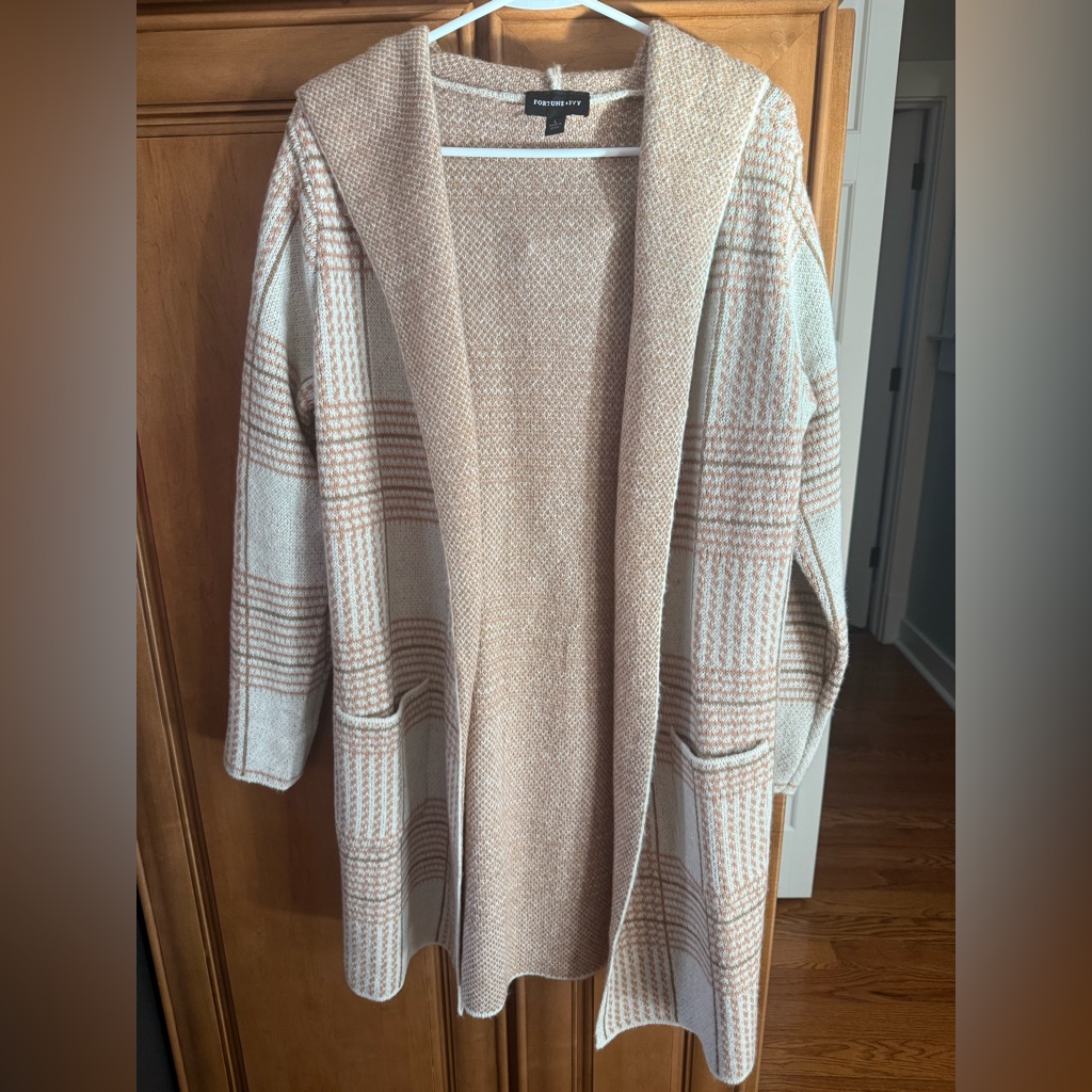 Fortune + Ivy Cozy Plaid Open-Front Sweater - Pink Cream And Tan Size Large Nwot